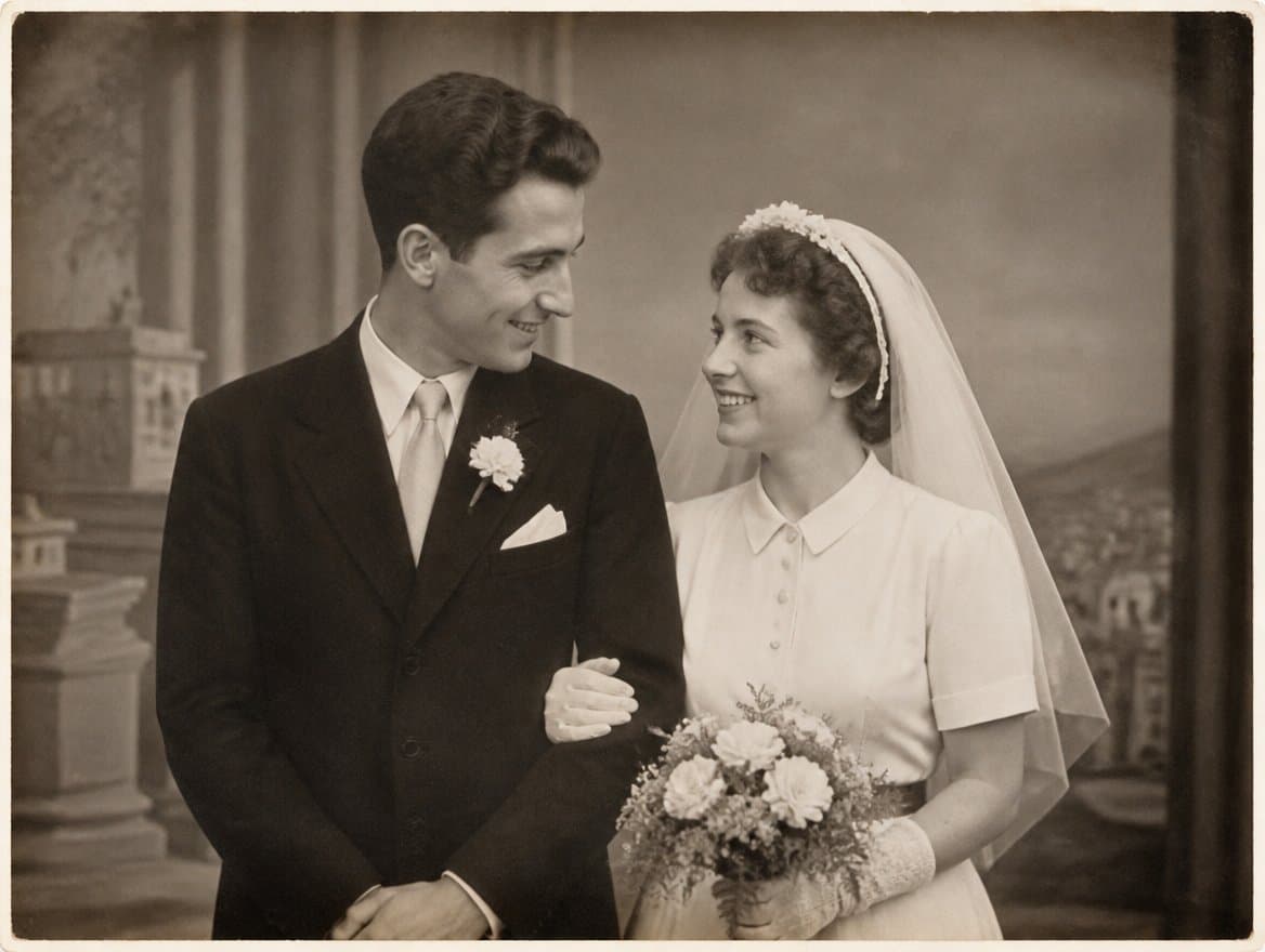 Sepia wedding photo of a young couple, 1952