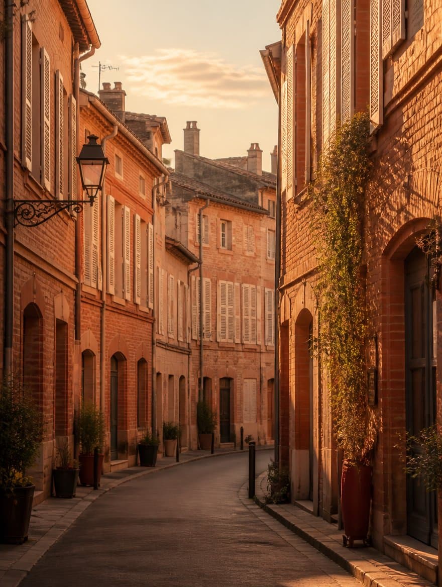 Street of pink brick façades in Montauban at sunset