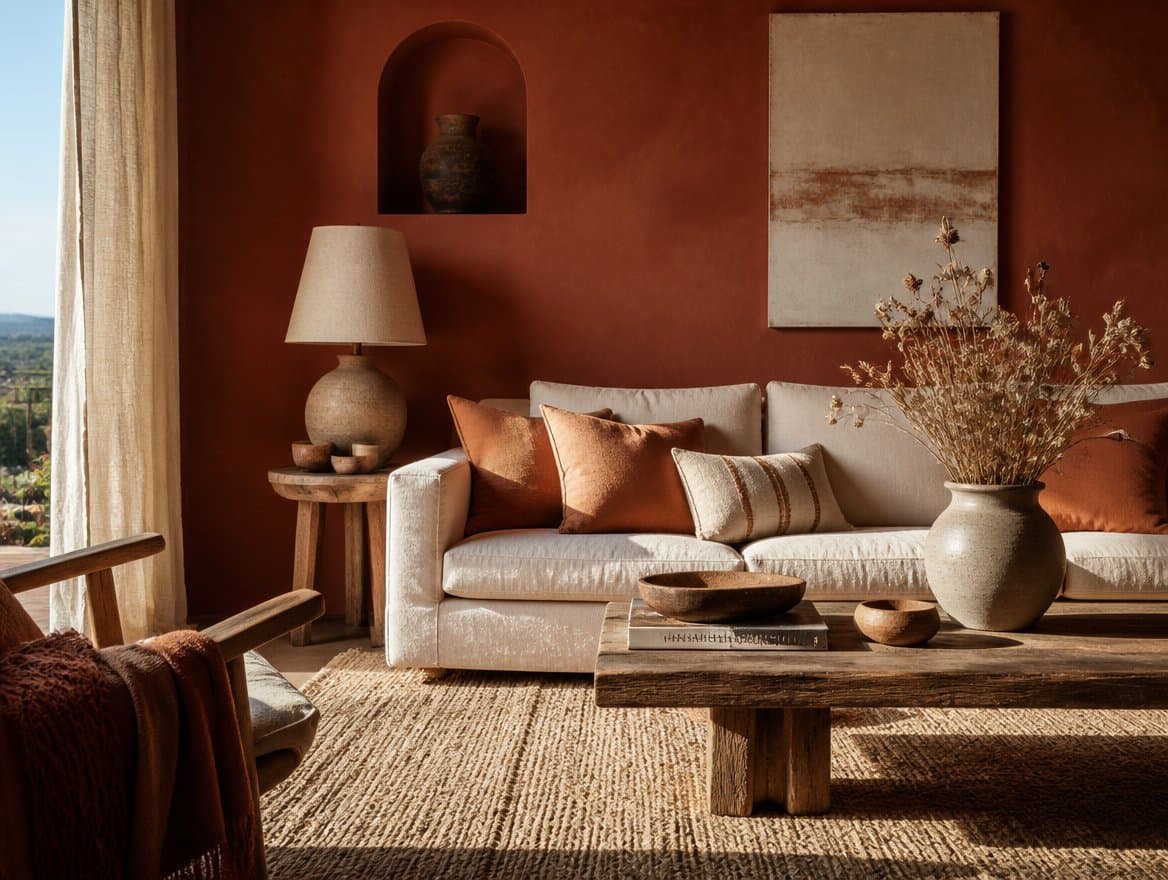 Cosy living room with terracotta walls and a cream linen sofa